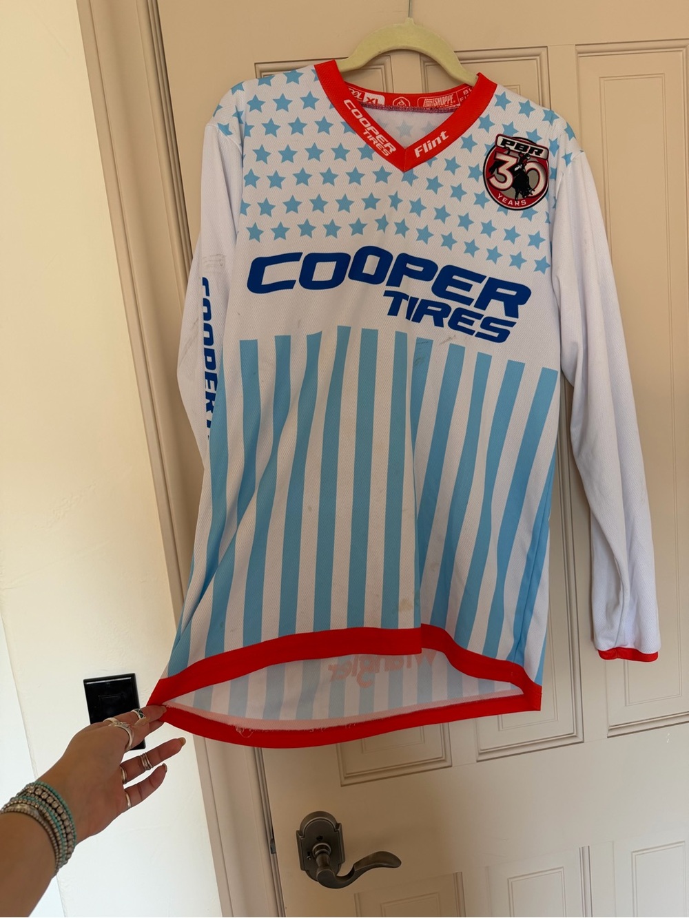 Long Sleeve PBR Rodeo Jersey - White & Light Blue with Red Trim